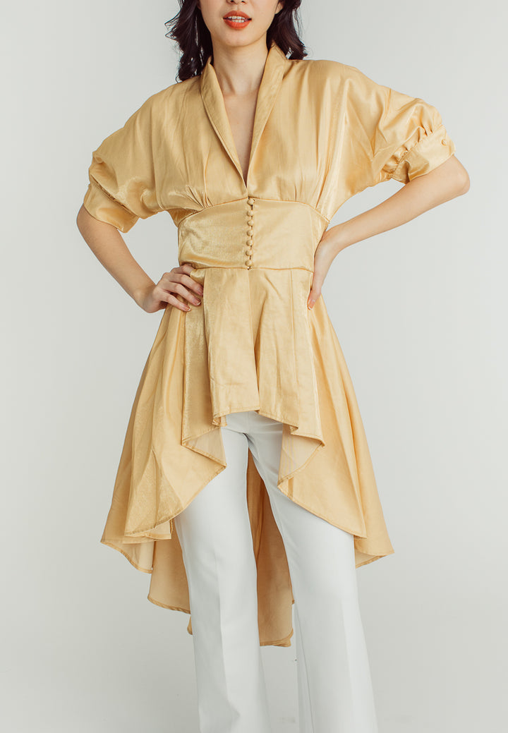Tess Gold 3/4 Sleeve with Collar Deep V-Neckline Long Back Midi Dress