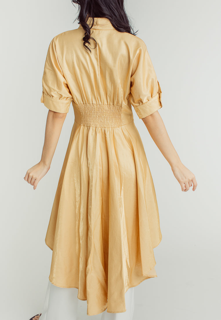 Tess Gold 3/4 Sleeve with Collar Deep V-Neckline Long Back Midi Dress
