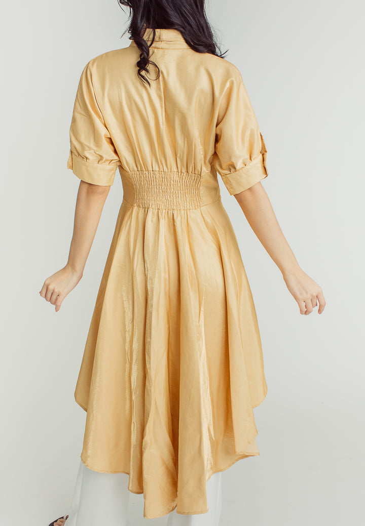 Tess Gold 3/4 Sleeve with Collar Deep V-Neckline Long Back Midi Dress