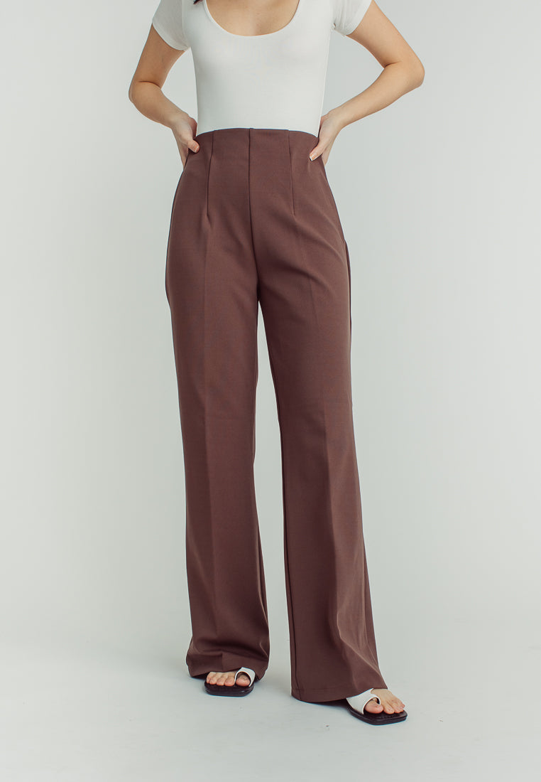 Cavill Brown High Rise Back Zipper Flare Pants
