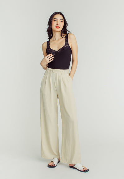 Jazmin Beige Straight Cut with double Belt Loop Elastic back Trouser Pants