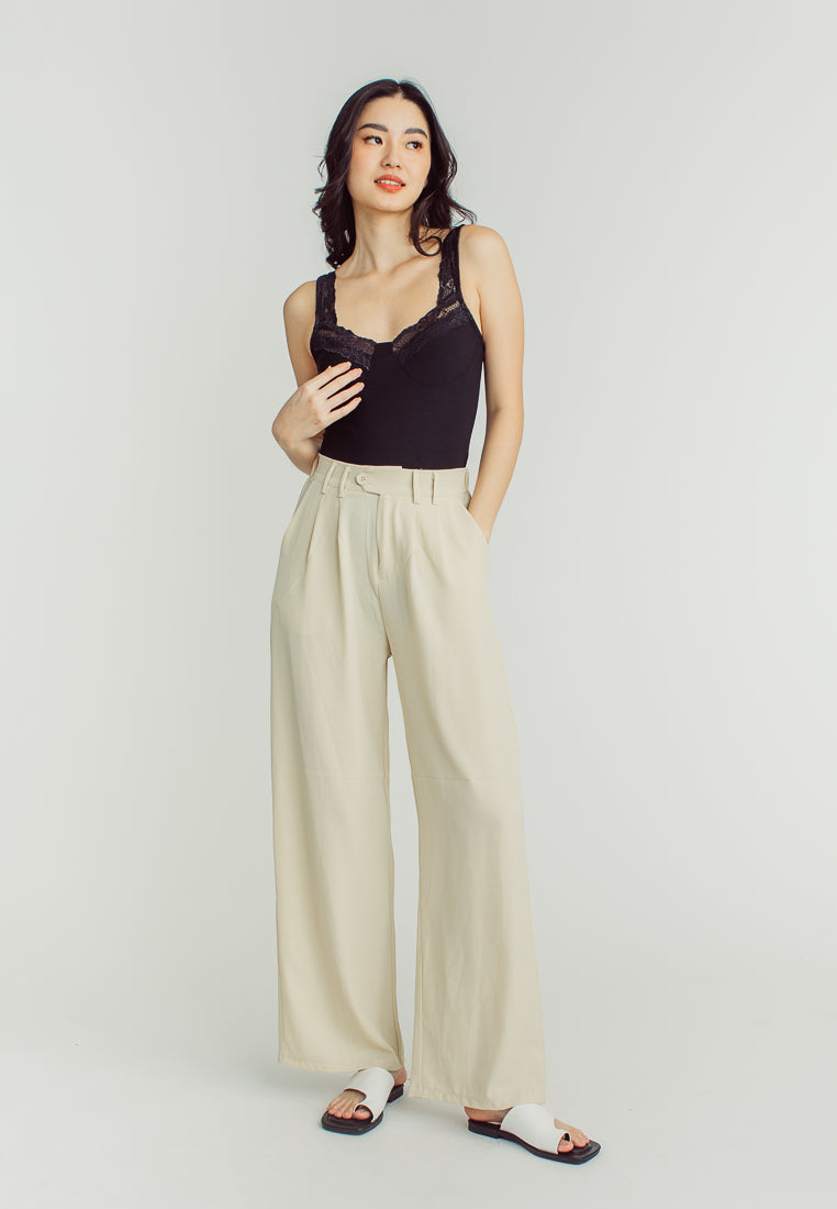 Jazmin Beige Straight Cut with double Belt Loop Elastic back Trouser Pants