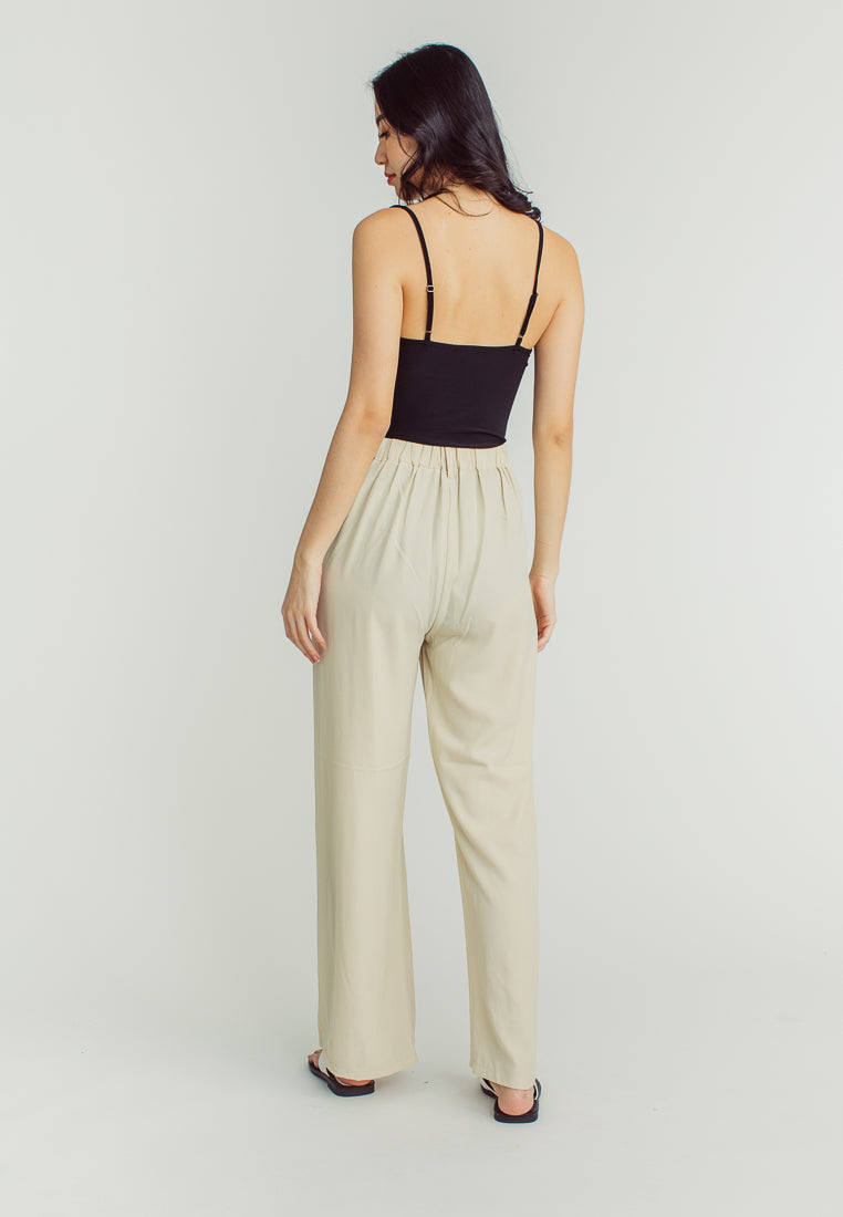 Jazmin Beige Straight Cut with double Belt Loop Elastic back Trouser Pants