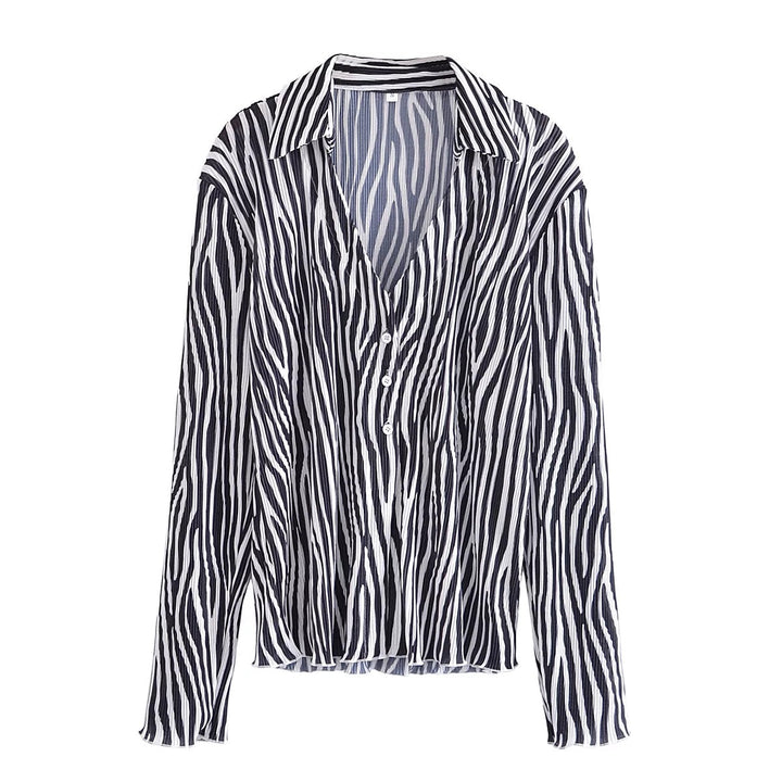 Mason Black and White Animal Print Turn Down Collar V Neck Long Sleeves Top