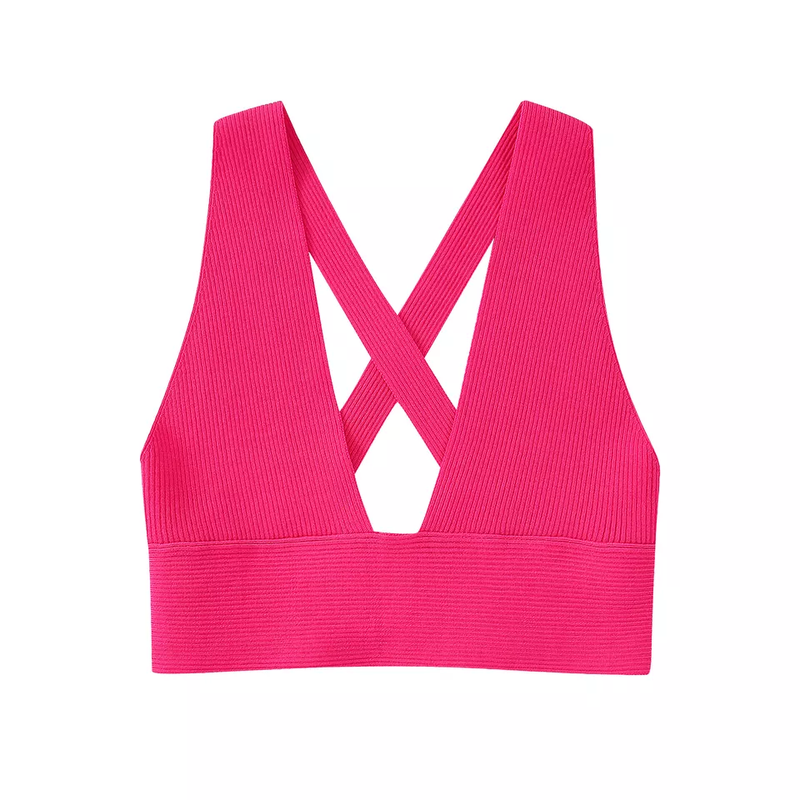 Ninia Fuchsia Knitted V Neck Sleeveless Crisscross Back Crop Top
