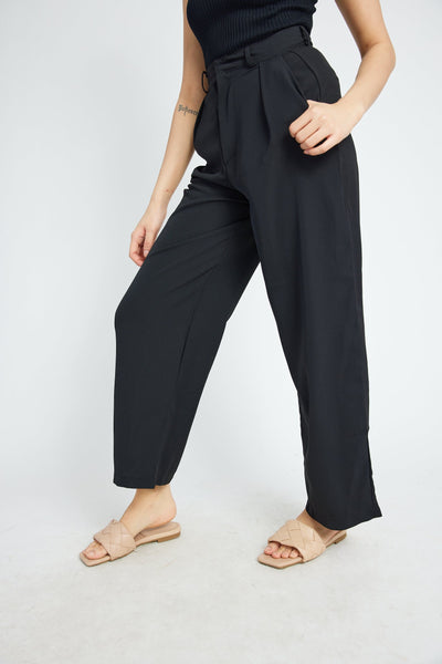 Londyn Black Pleated Zipper Fly Straight Cut Trouser with Belt Loop