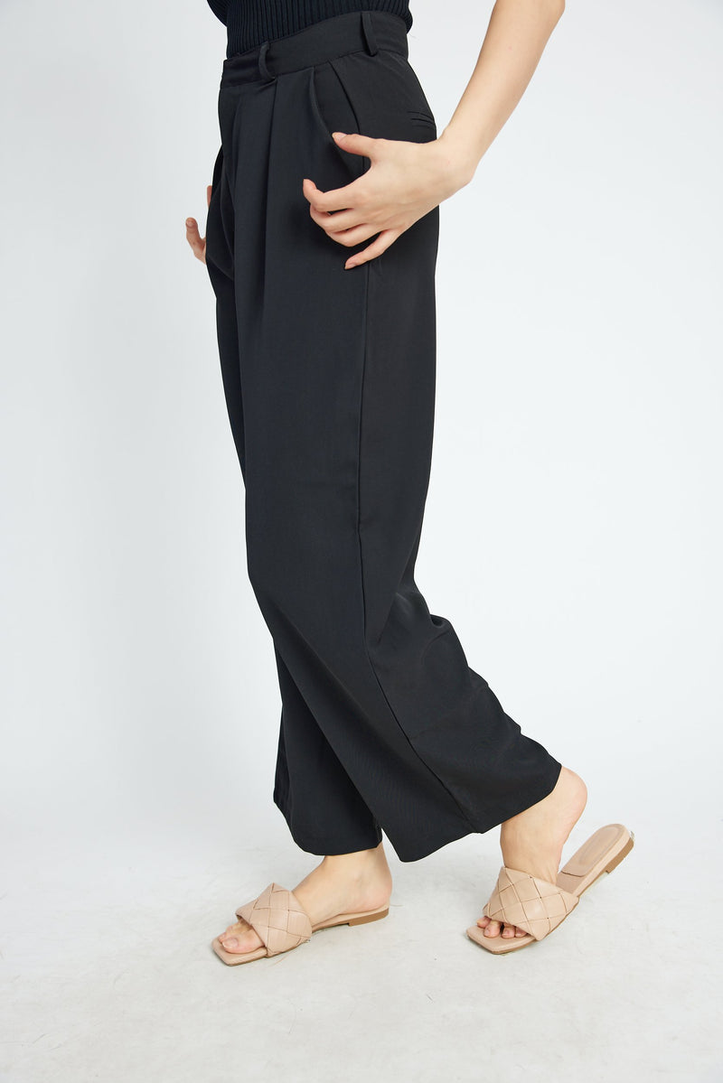 Londyn Black Pleated Zipper Fly Straight Cut Trouser with Belt Loop