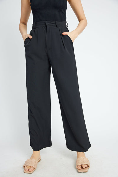 Londyn Black Pleated Zipper Fly Straight Cut Trouser with Belt Loop