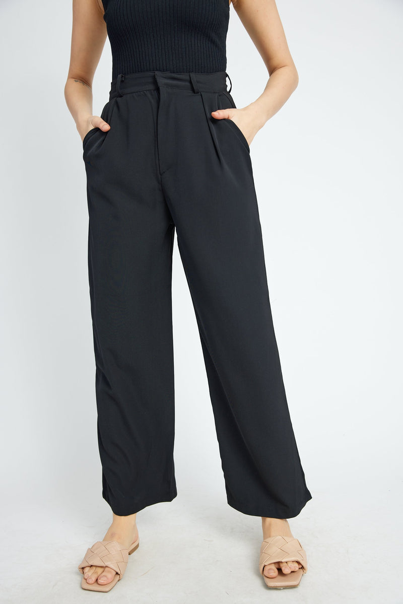 Londyn Black Pleated Zipper Fly Straight Cut Trouser with Belt Loop