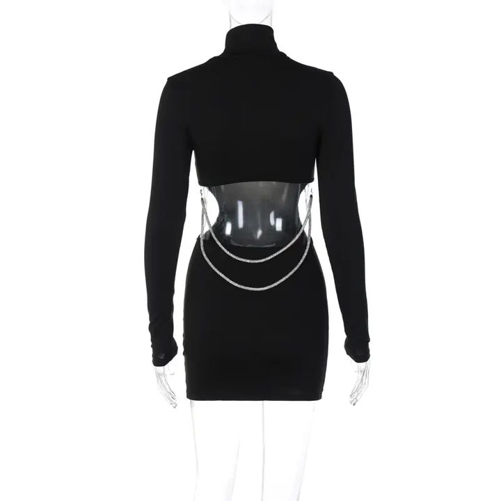 Chanty Black Turtle Neck Long Sleeves Sexy Chain Hollow Out Back Bodycon Mini Dress