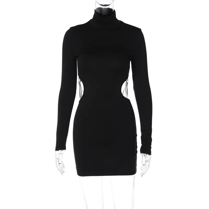 Chanty Black Turtle Neck Long Sleeves Sexy Chain Hollow Out Back Bodycon Mini Dress