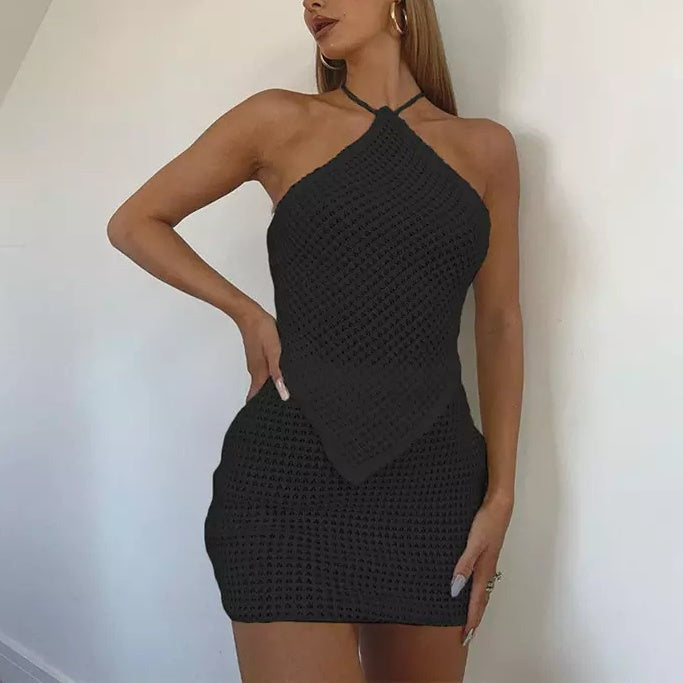 Dasom Black Knitted Sleeveless Halter Top and Mini Skirt Set