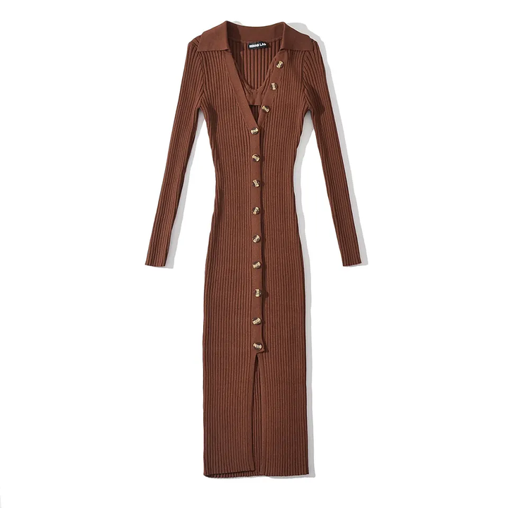 Garnet Brown Knitted V Neck Buttondown Long Sleeve Midi Dress