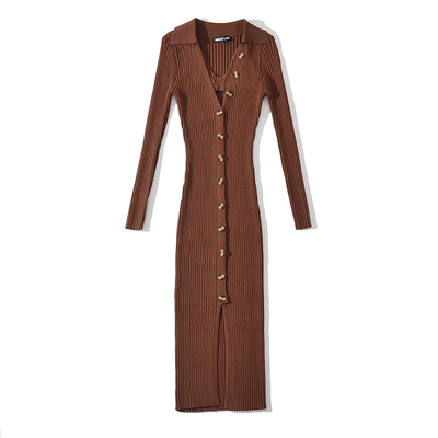 Garnet Brown Knitted V Neck Buttondown Long Sleeve Midi Dress