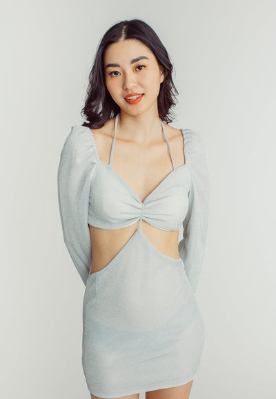 Ashley Silver V Neckline Padded Long Sleeve Sexy Mini dress