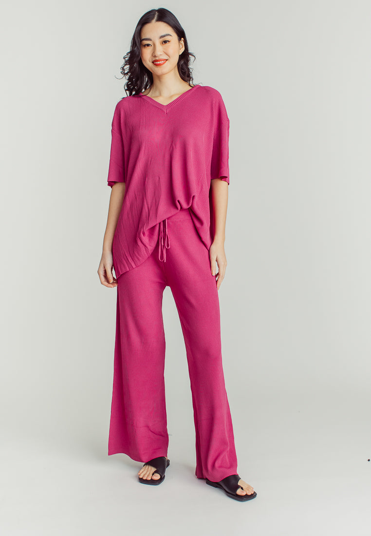 Maira Purple V Neckline Knitted Short Sleeve Top and Straight Cut Culottes Set