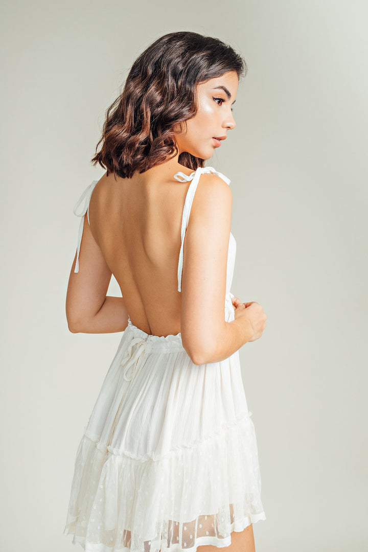 Maple Cream Sleeveless Self Tie Sexy Back Layer Mesh Hem Mini Dress