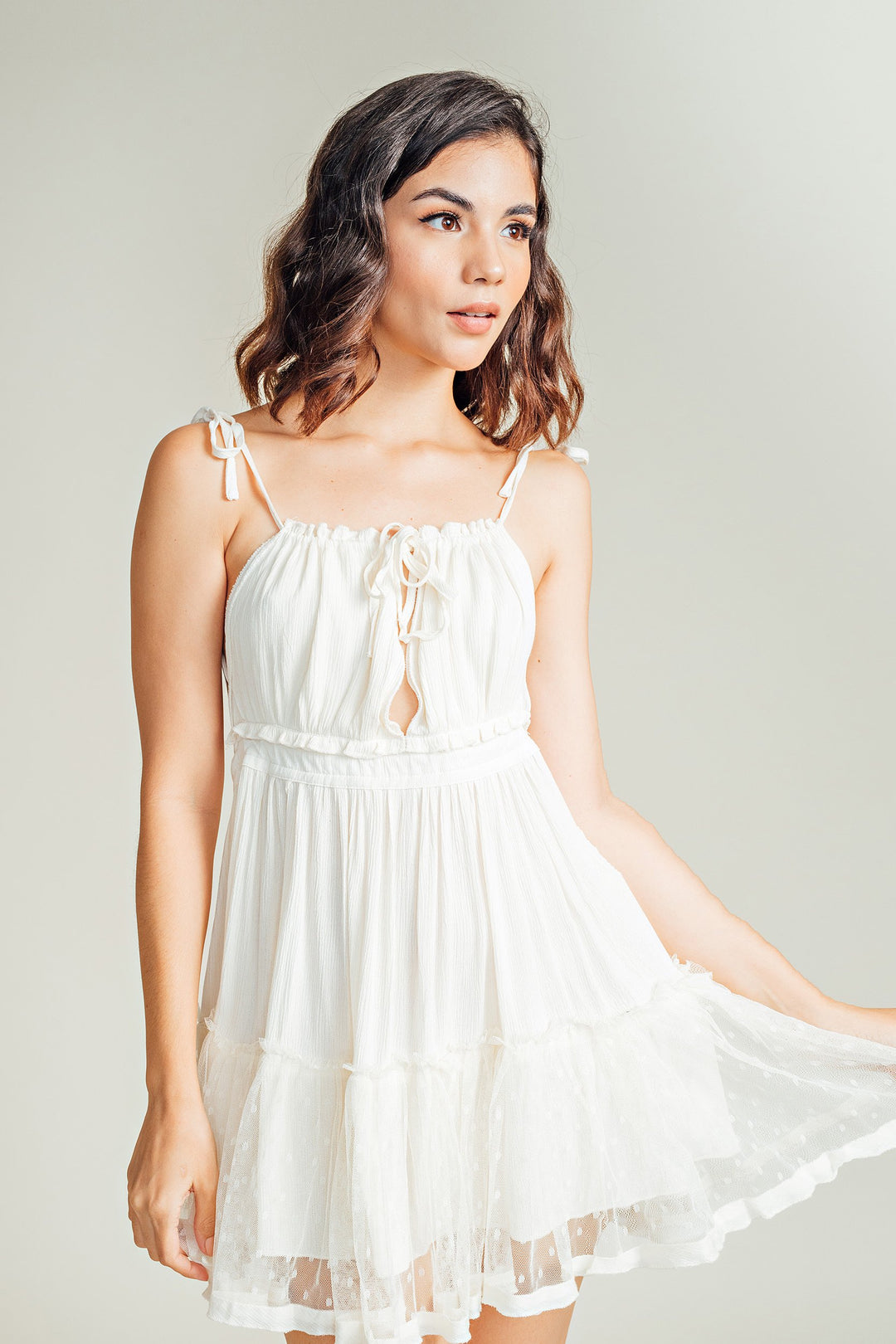 Maple Cream Sleeveless Self Tie Sexy Back Layer Mesh Hem Mini Dress