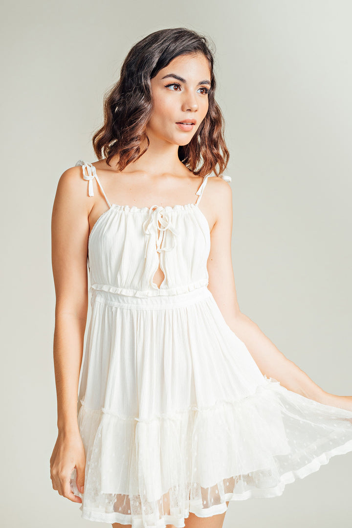 Maple Cream Sleeveless Self Tie Sexy Back Layer Mesh Hem Mini Dress