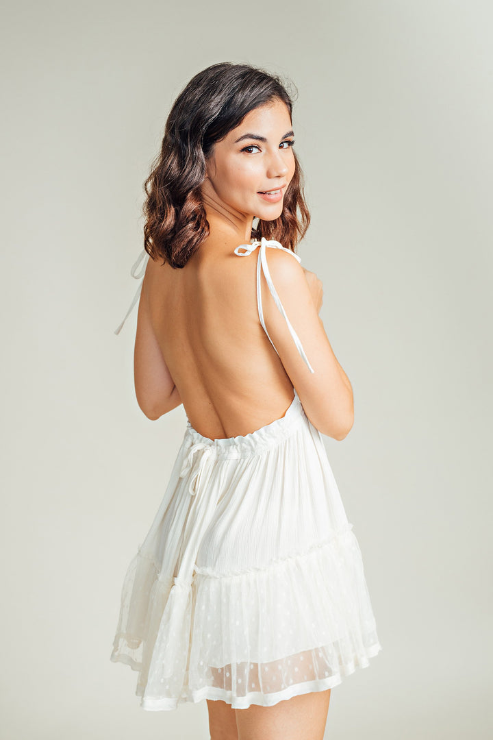 Maple Cream Sleeveless Self Tie Sexy Back Layer Mesh Hem Mini Dress
