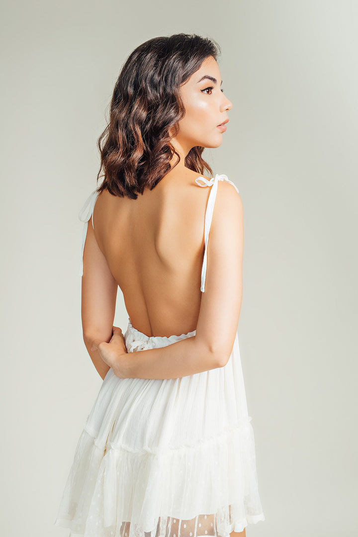 Maple Cream Sleeveless Self Tie Sexy Back Layer Mesh Hem Mini Dress