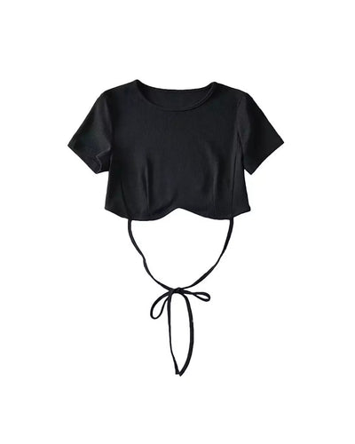 Juris Black Knitted Round Neck Short Sleeves Crop Top with Waist Strap
