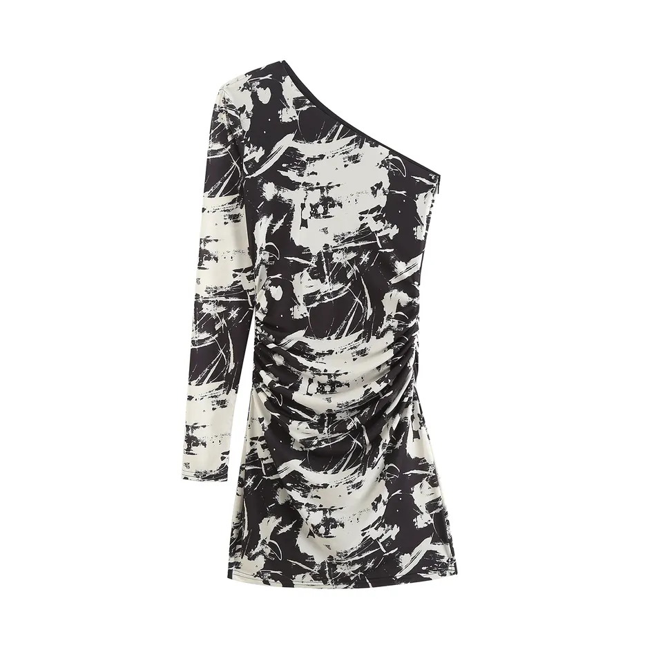 Rayhan Black and White Abstract Print Asymmetric Neckline One Side Long Sleeves Mini Dress