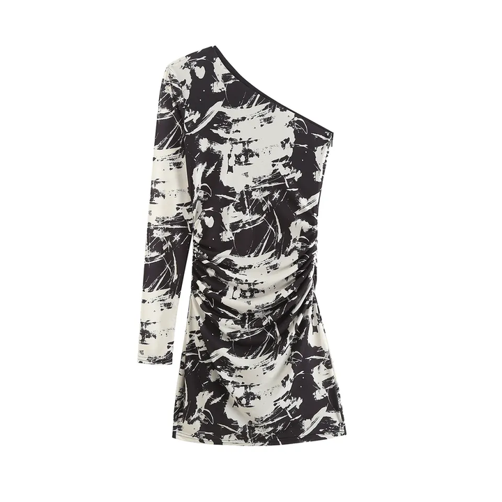Rayhan Black and White Abstract Print Asymmetric Neckline One Side Long Sleeves Mini Dress