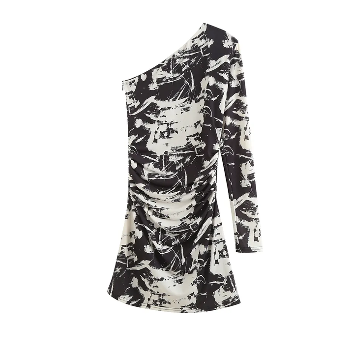 Rayhan Black and White Abstract Print Asymmetric Neckline One Side Long Sleeves Mini Dress