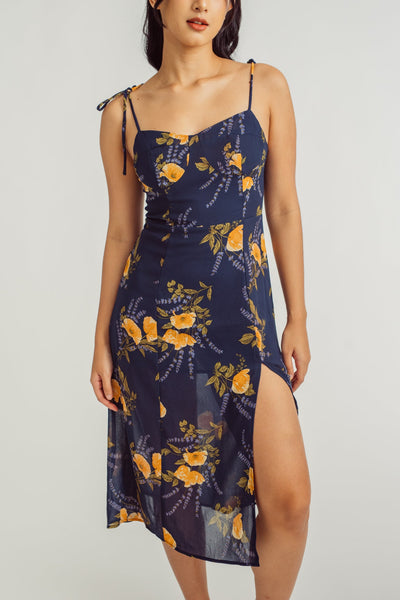 Nellah Blue Floral Print Shaped Bust Sleeveless Self Tie Midi Dress