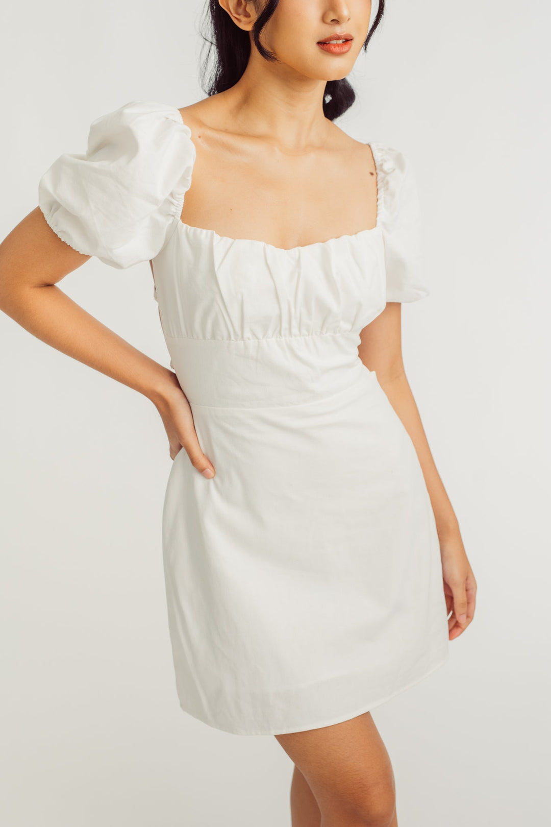 Faye White Square Neck Ruched Bust Short Sleeves Crisscross Back Mini Dress