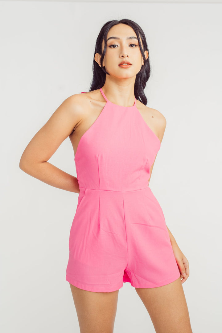 Peony Pink Sleeveless Halter Self Tie Strap Open Back Romper