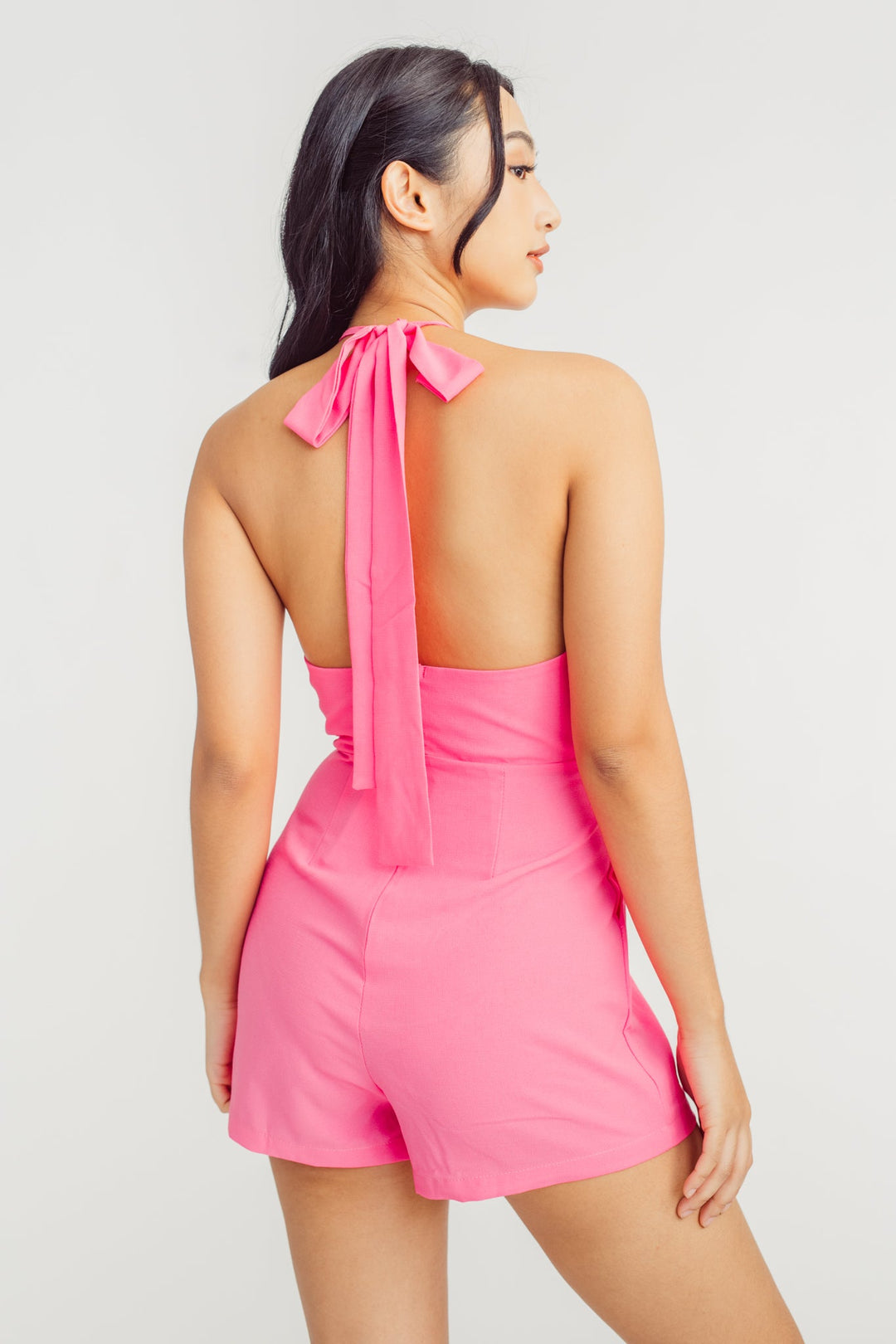 Peony Pink Sleeveless Halter Self Tie Strap Open Back Romper