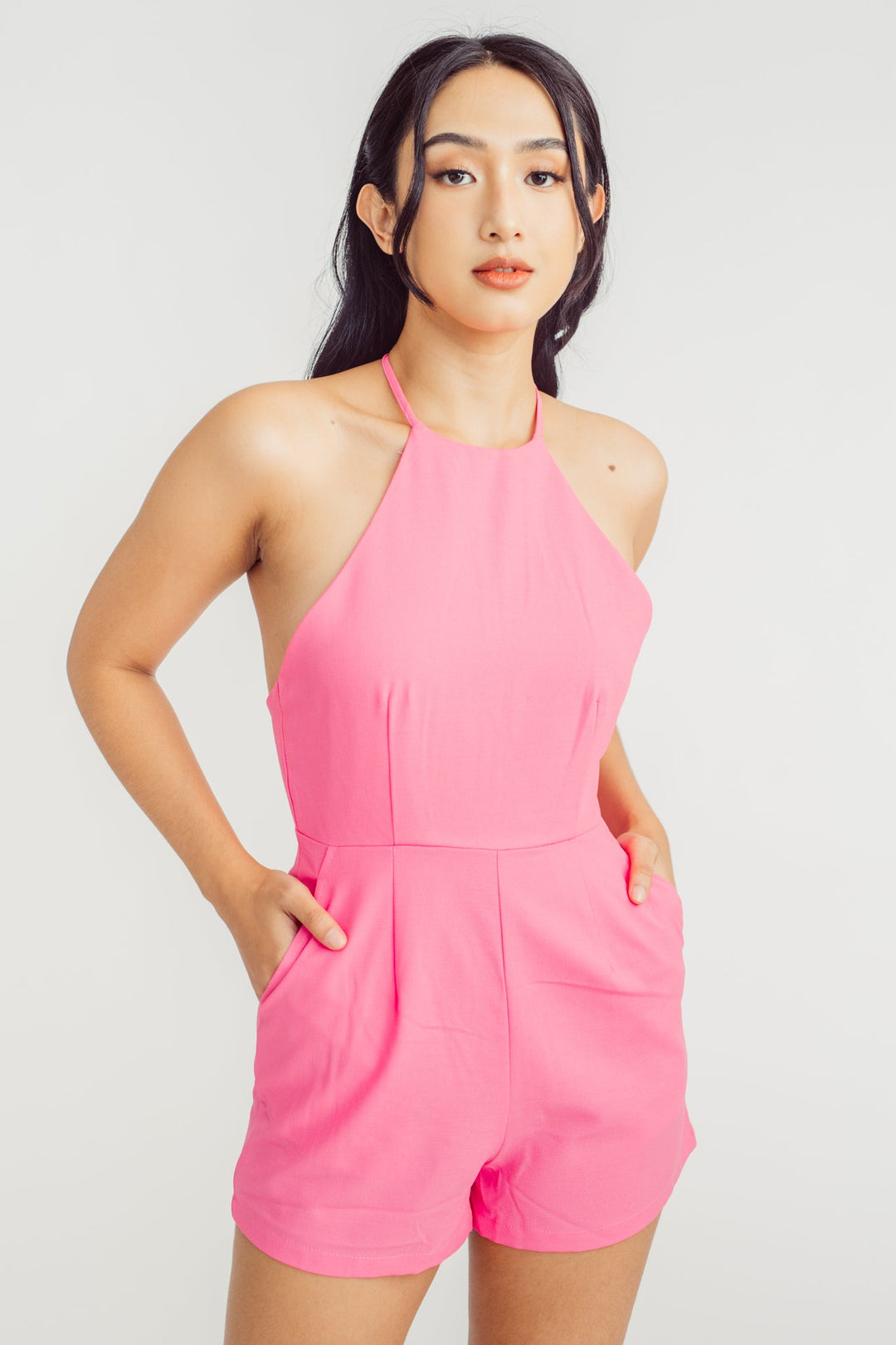 Peony Pink Sleeveless Halter Self Tie Strap Open Back Romper