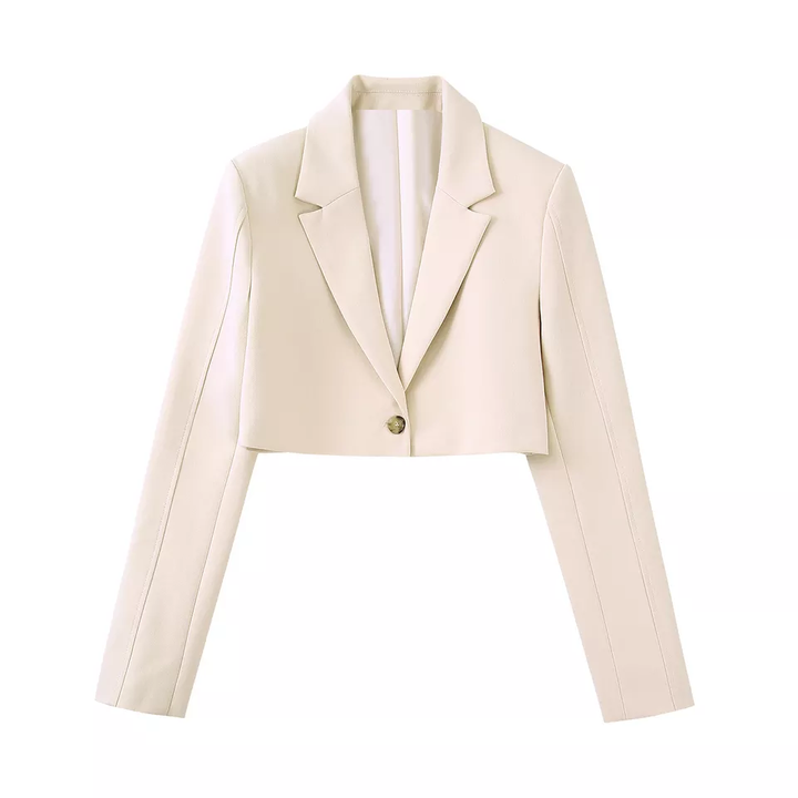Vica Cream Notched Collar V Neck Long Sleeves Crop Blazer