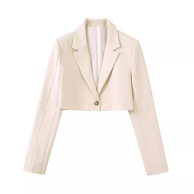 Vica Cream Notched Collar V Neck Long Sleeves Crop Blazer